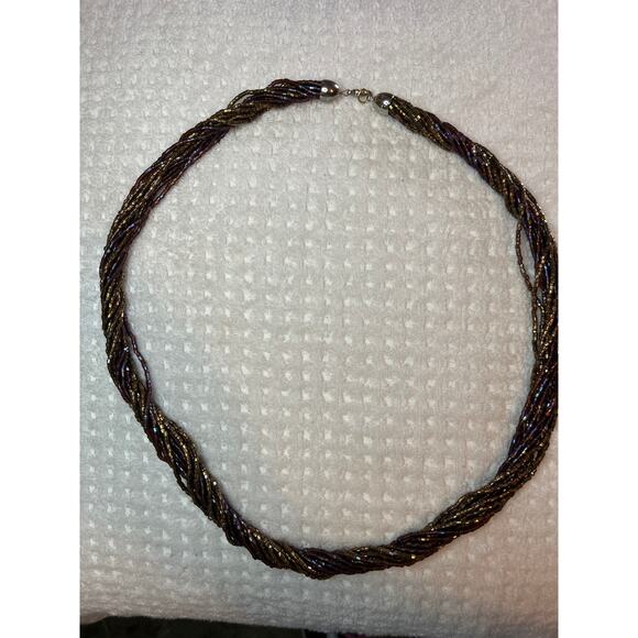 Vintage Glass Beaded Necklace Dark Brown Braided Multi Strand 29" - Picture 2 of 6